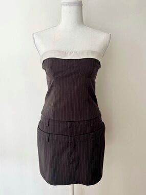 Lovers + Friends Grey Pinstripe Tube Top and Mini Skirt Set
